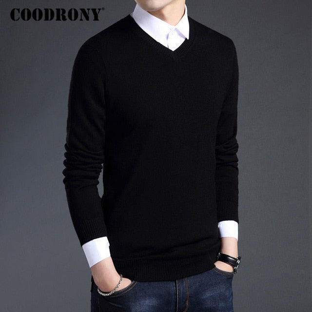 COODRONY Merino Wool Sweater Men Autumn Winter Thick Warm Sweaters And Pullovers Casual V-Neck Pure Wool Sweater Pull Homme 7305