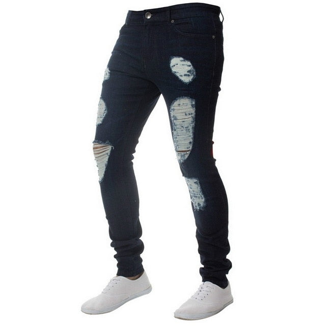 Mens Ripped Jeans for men Casual Black Blue Skinny slim Fit Denim Pants Biker Hip Hop Jeans with sexy Holel Denim Pants