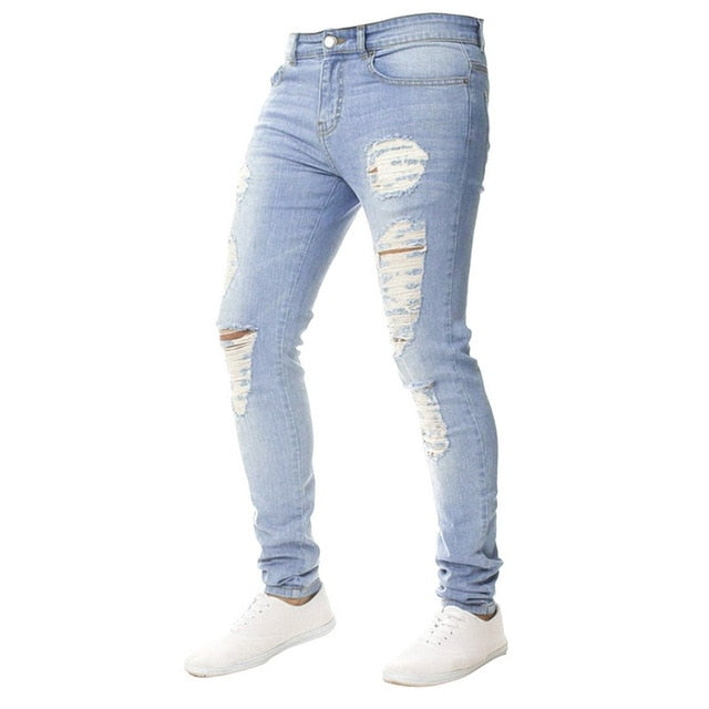 Mens Ripped Jeans for men Casual Black Blue Skinny slim Fit Denim Pants Biker Hip Hop Jeans with sexy Holel Denim Pants