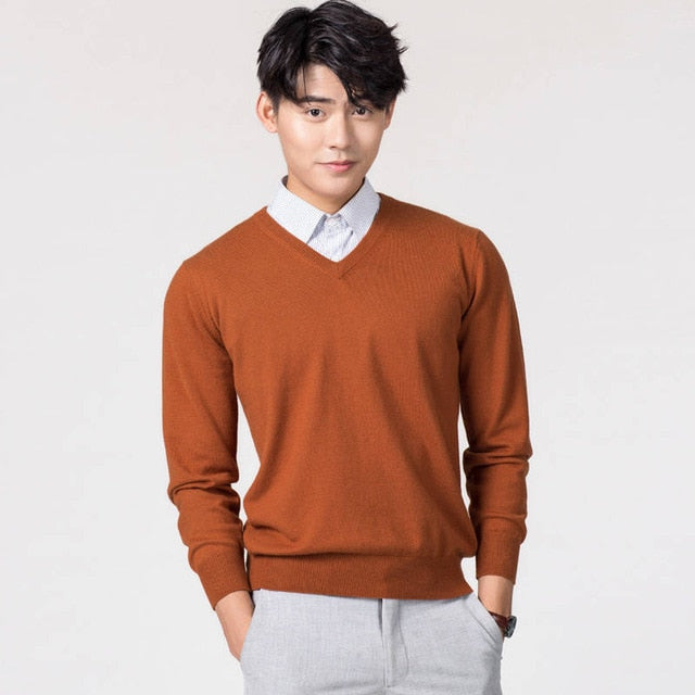 Man Pullovers Winter New Fashion Vneck Sweater Cashmere and Wool Knitted Jumpers Men Woolen Clothes Hot Sale Standard Male Tops