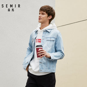 SEMIR denim Jacket men coat dark Blue Casual Teens Denim Jacket cotton Turn-down Collar Long Sleeve Denim Bomber jackets man