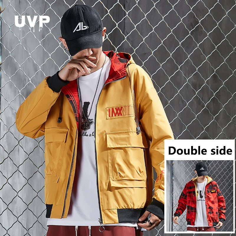 Double Side Men's Windbreaker Jacket for Men Streetwear Male Outerwear Casual Men's Winter Black Jacket Hooded Clothing Hip Hop