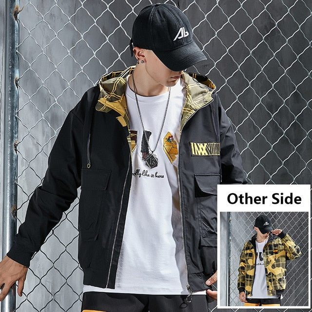 Double Side Men's Windbreaker Jacket for Men Streetwear Male Outerwear Casual Men's Winter Black Jacket Hooded Clothing Hip Hop