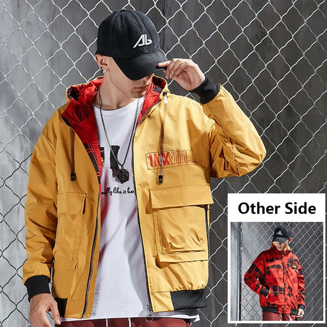 Double Side Men's Windbreaker Jacket for Men Streetwear Male Outerwear Casual Men's Winter Black Jacket Hooded Clothing Hip Hop